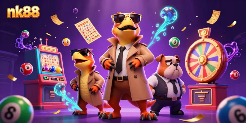 Enter the vibrant world of nk88 as playful raptors try to enter a casino, surrounded by dynamic gambling elements.