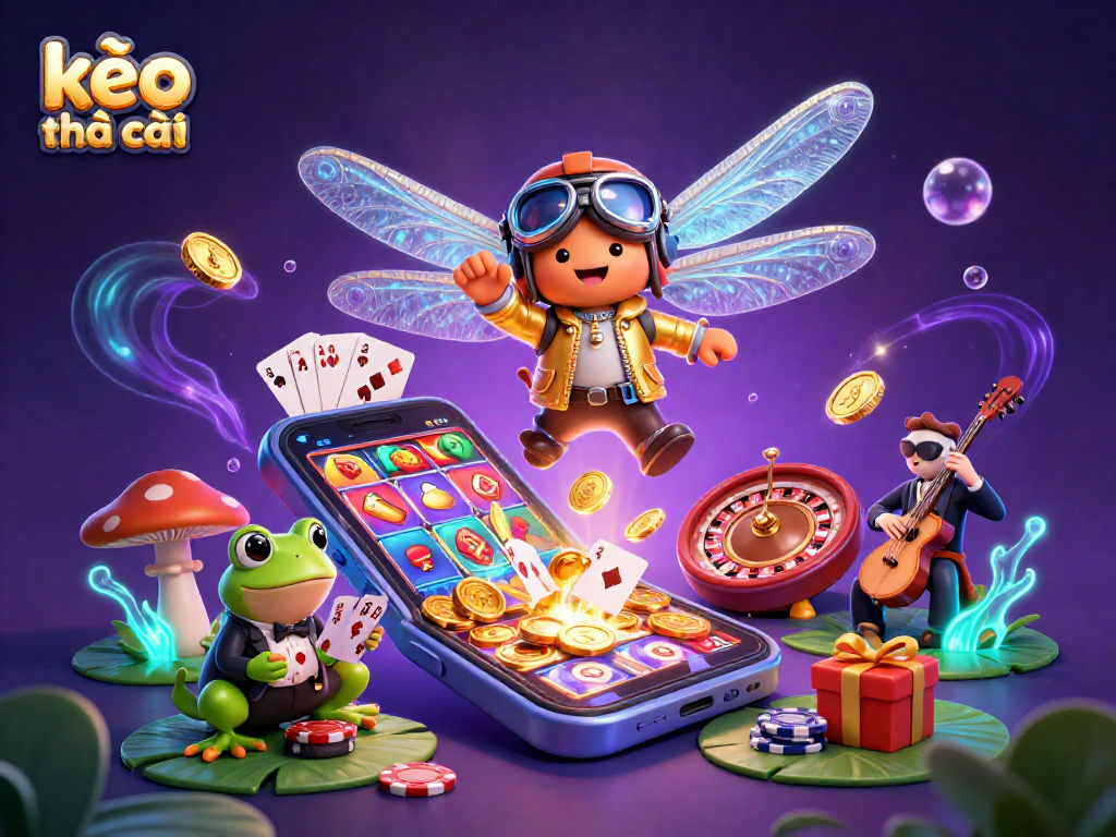 Engaging kèo nhà cái illustration with a dragonfly pilot, frog dealer, and jazz musicians creating a vibrant casino atmosphere.
