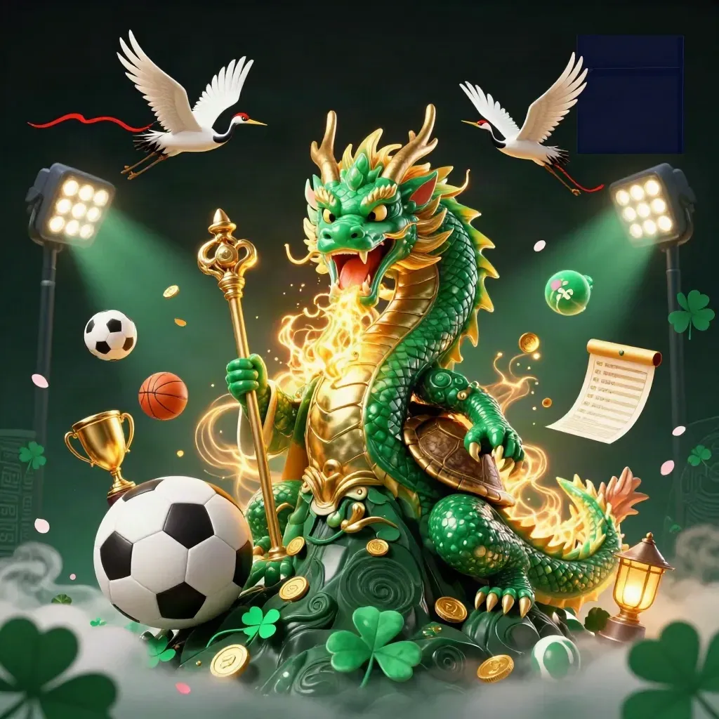 Emerald dragon, turtle sage, cranes, sports balls, trophy, coins, and dramatic casino lights.