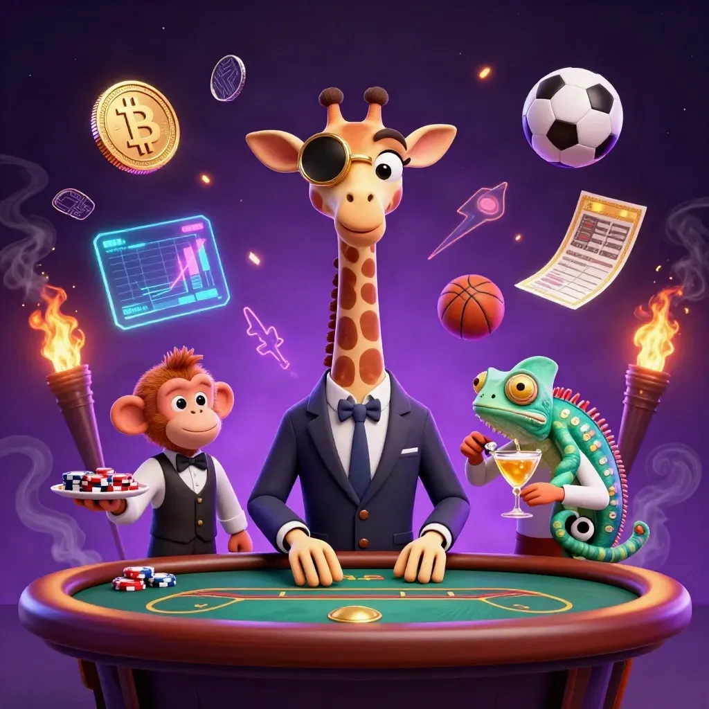 Giraffe, monkey valet, and chameleon bartender amid neon casino sports coins and energy.