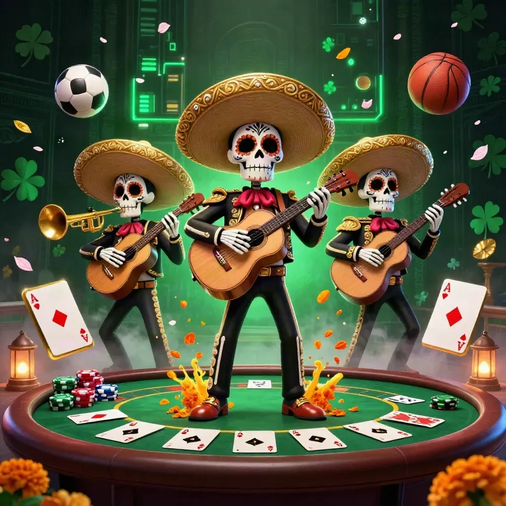Skeleton mariachi trio amid casino chips, cards, balls, and glowing emerald-gold lights.