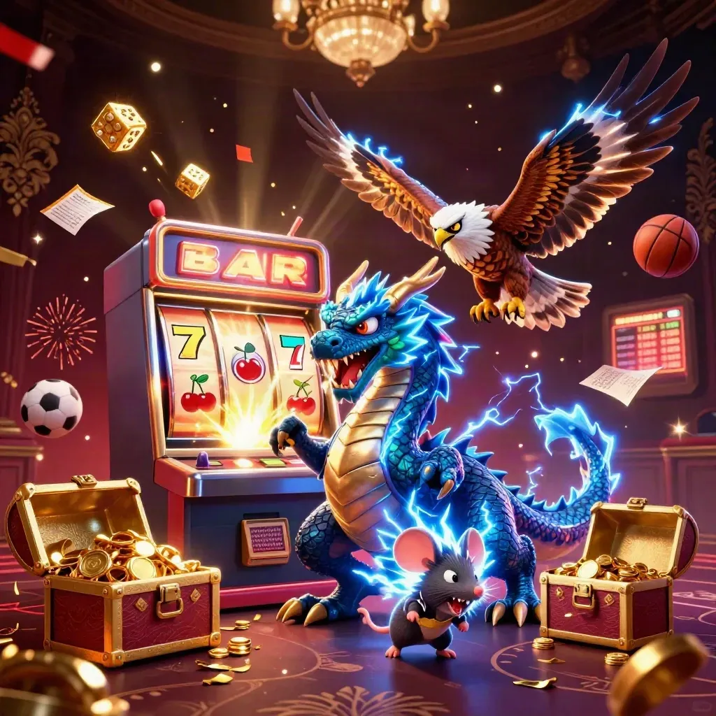 Thunder dragon, wind hawk, and static mouse amid casino bursts, sports balls, and gold light.