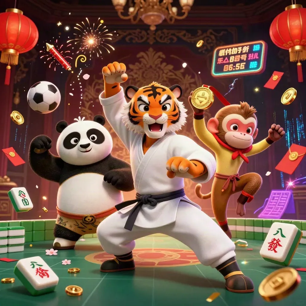 Kung-fu tiger, panda, and monkey amid casino luck, gold, neon effects, and game props