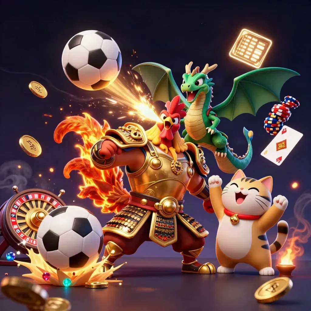 Rooster samurai, spark-breathing dragon hatchling, and fortune cat amid casino sports chaos.