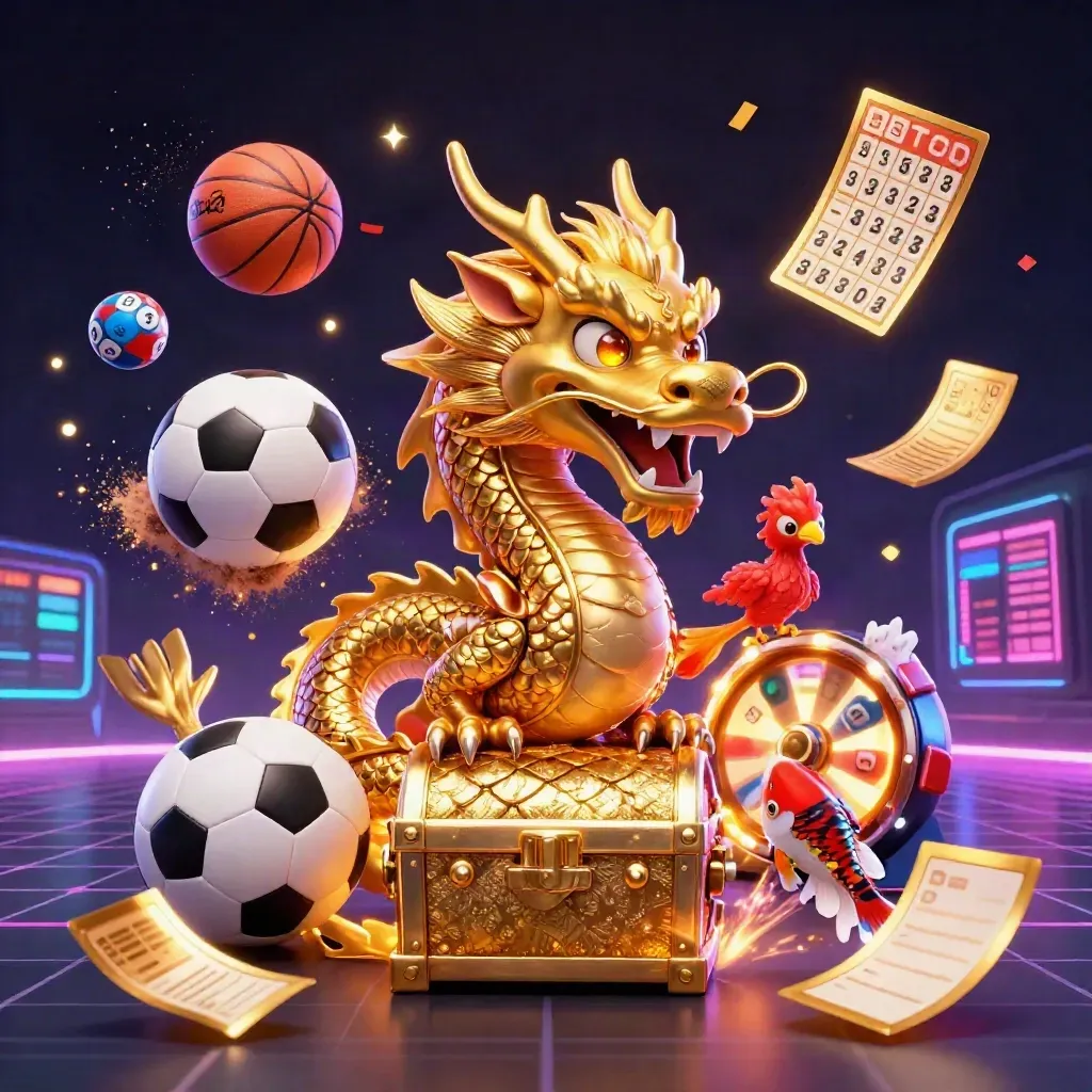 Golden dragon and phoenix with casino icons explode over a neon indigo sports backdrop.