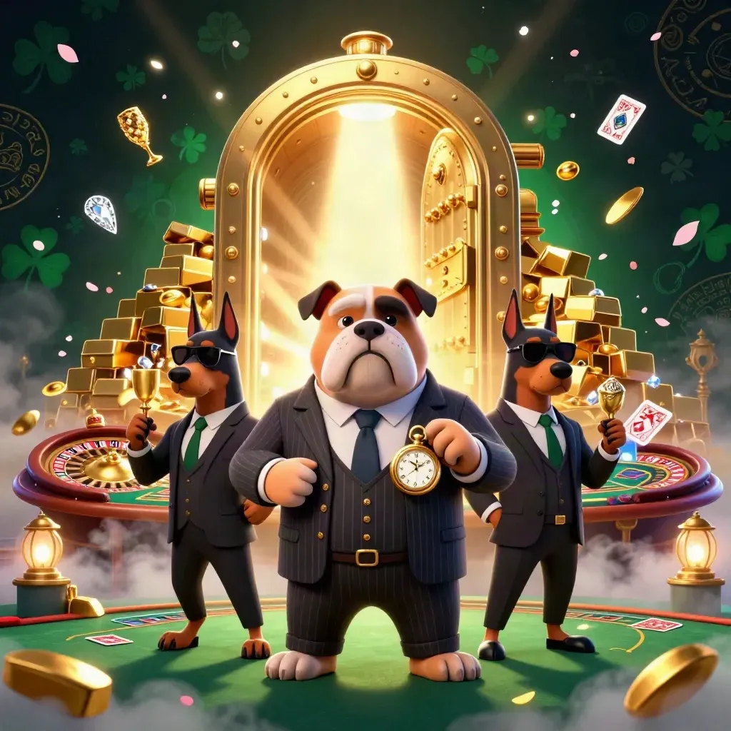 Bulldog mob boss and Dobermans erupting from a glowing vault amid gold, gems, and casino luxury.