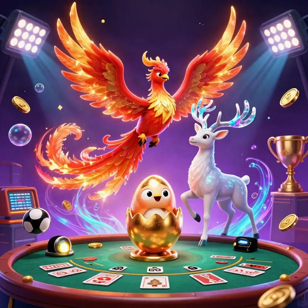 Fire phoenix, baby phoenix, and crystal stag in a luxe casino-fantasy scene with coins, sports balls, and roulette