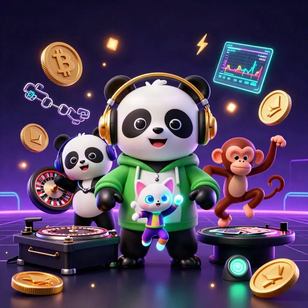 DJ panda, dancing monkey, and glow-stick kitten in a neon casino with coins and glowing effects