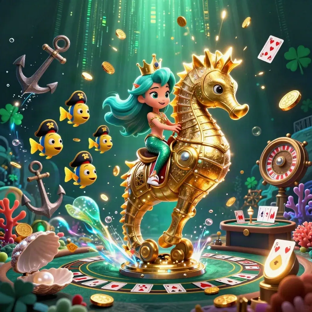 Mermaid princess on gold seahorse in a glowing casino treasure cove with fish, coins, cards, and a roulette wheel
