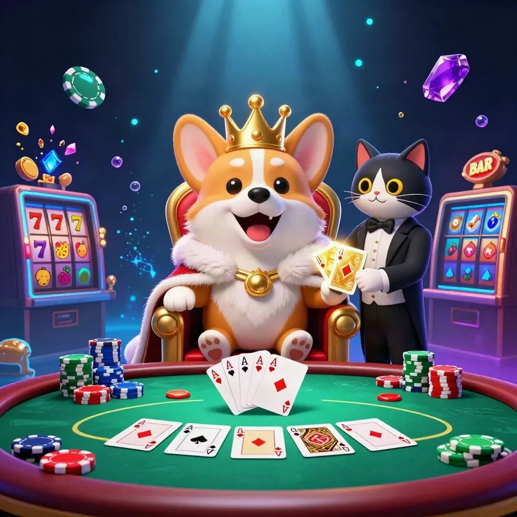 Crowned corgi and cat butler on poker chips amid glowing casino treasures and chip bursts.
