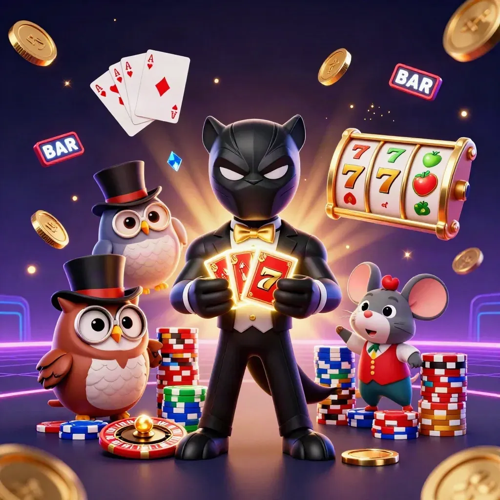 Panther, owl, and mouse casino heroes amid chips, coins, cards, and neon glow.