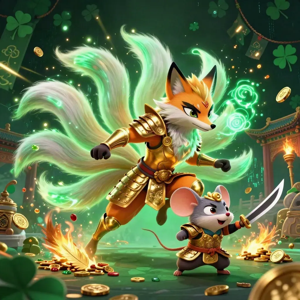 Neon nine-tailed fox spirit and armored samurai mouse amid gold treasure, emerald light, and temple magic.