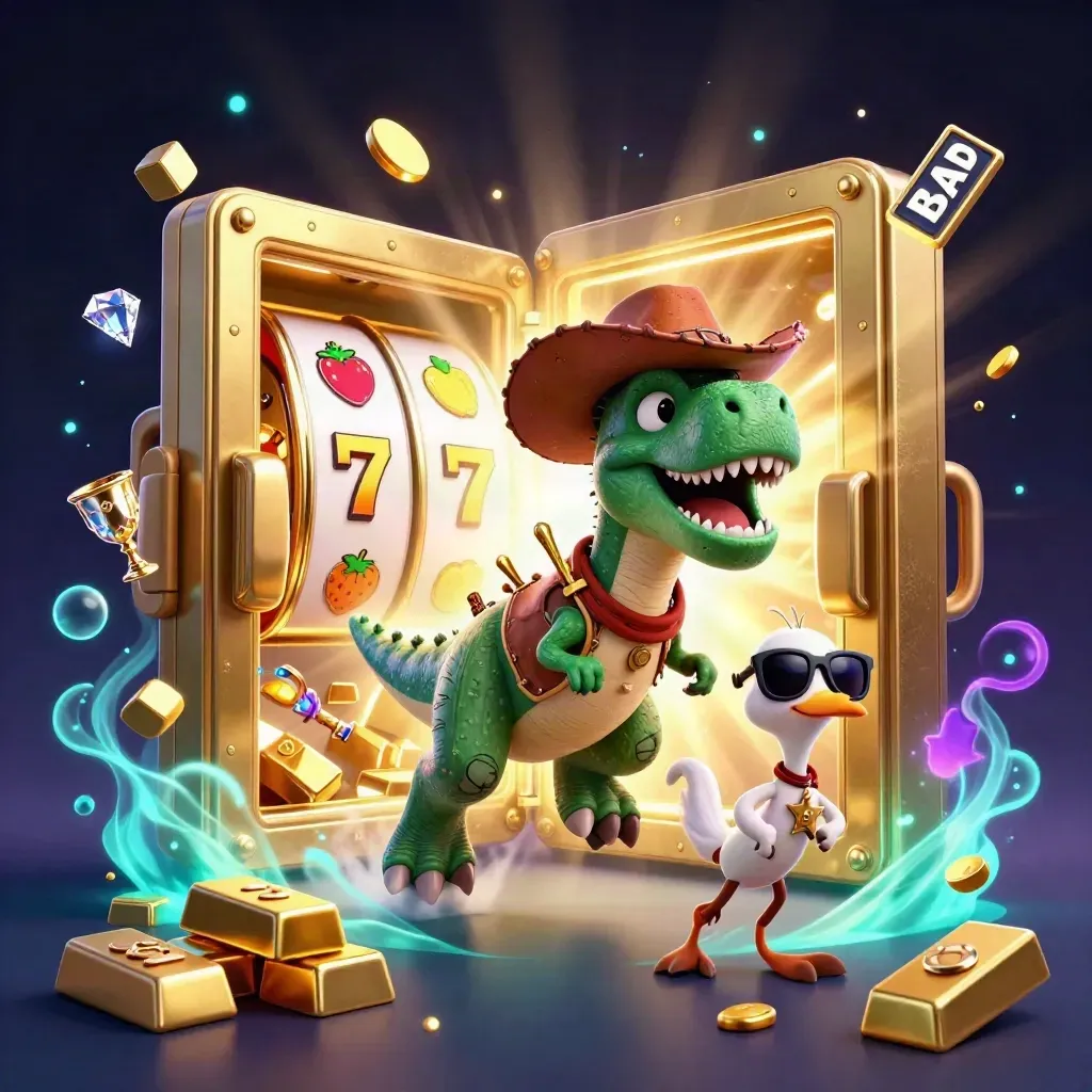Cowboy T-Rex crew raids a glowing vault amid gold, gems, and neon casino effects.