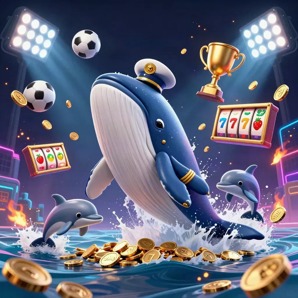 Whale captain, narwhal, and dolphins burst through coins with casino sports accents in neon luxe.