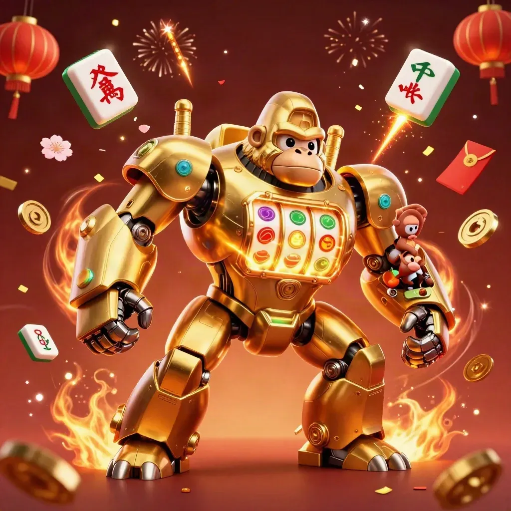 Golden gorilla mech with tiny monkey pilot amid jade coins, lanterns, confetti, and fireworks on a crimson glow.