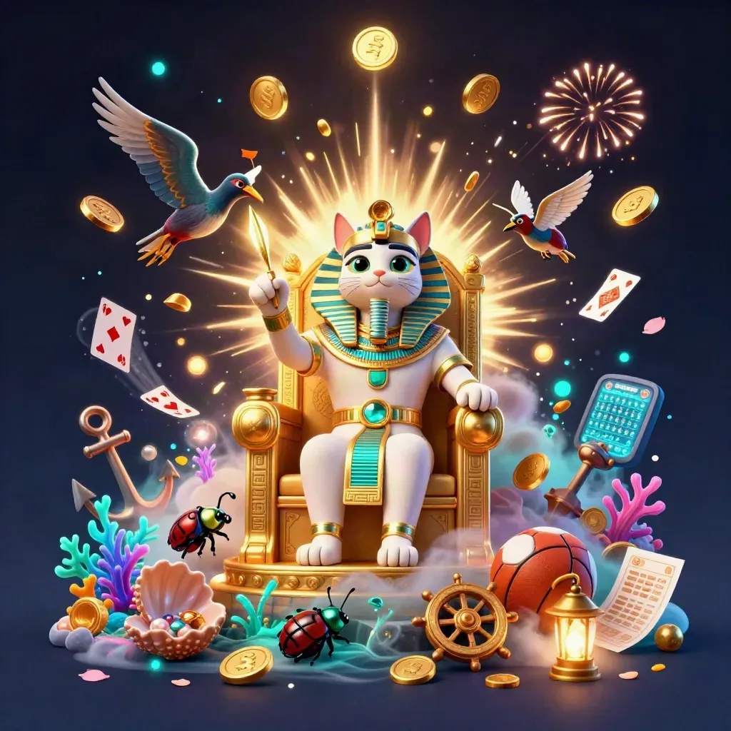 Pharaoh cat, ibis scribe, and gem-wing scarabs amid casino treasure, sports props, and fireworks