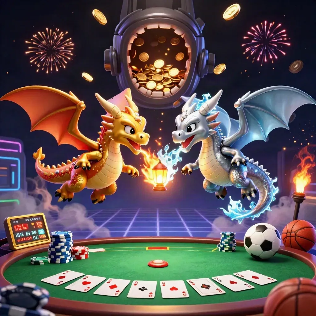 Gold and silver dragons swirl with casino props, coins, fireworks, and neon vault energy.