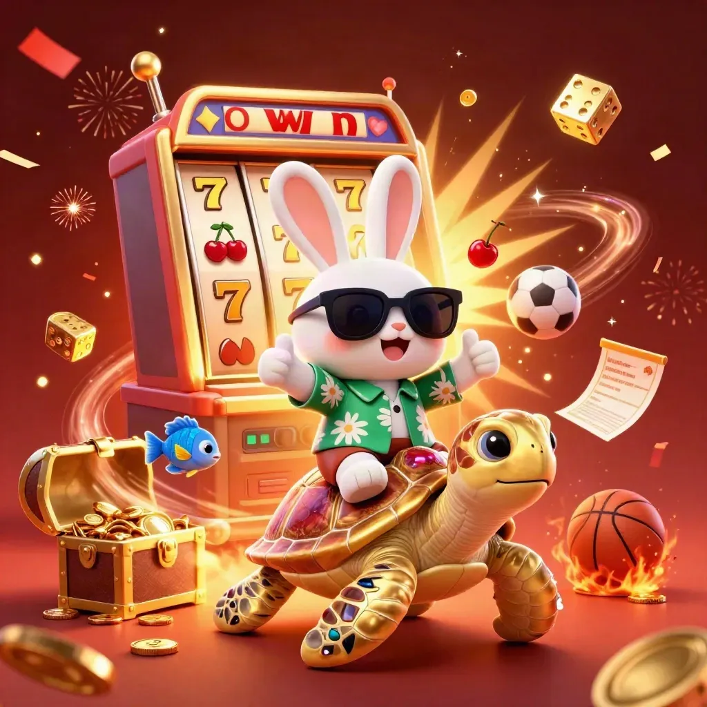 Lucky rabbit on a golden sea turtle amid exploding slot symbols, coins, fireworks, and confetti.