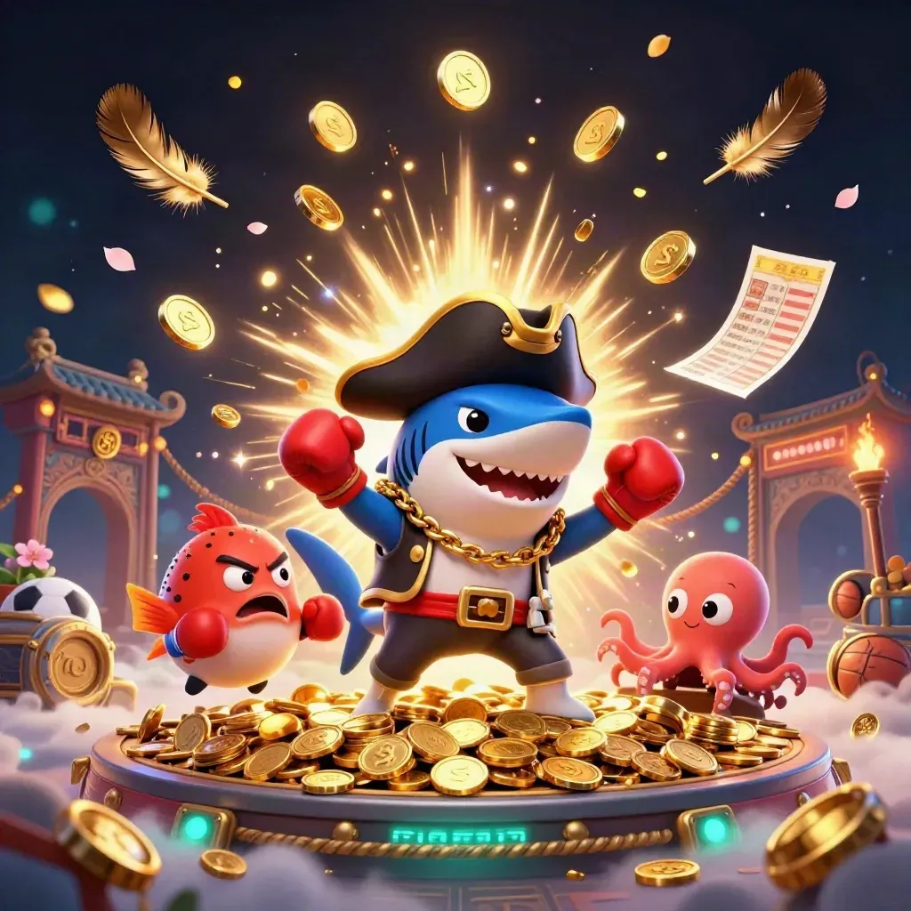 Pirate shark, pufferfish, and octopus amid vault gold, fireworks, and casino sports props