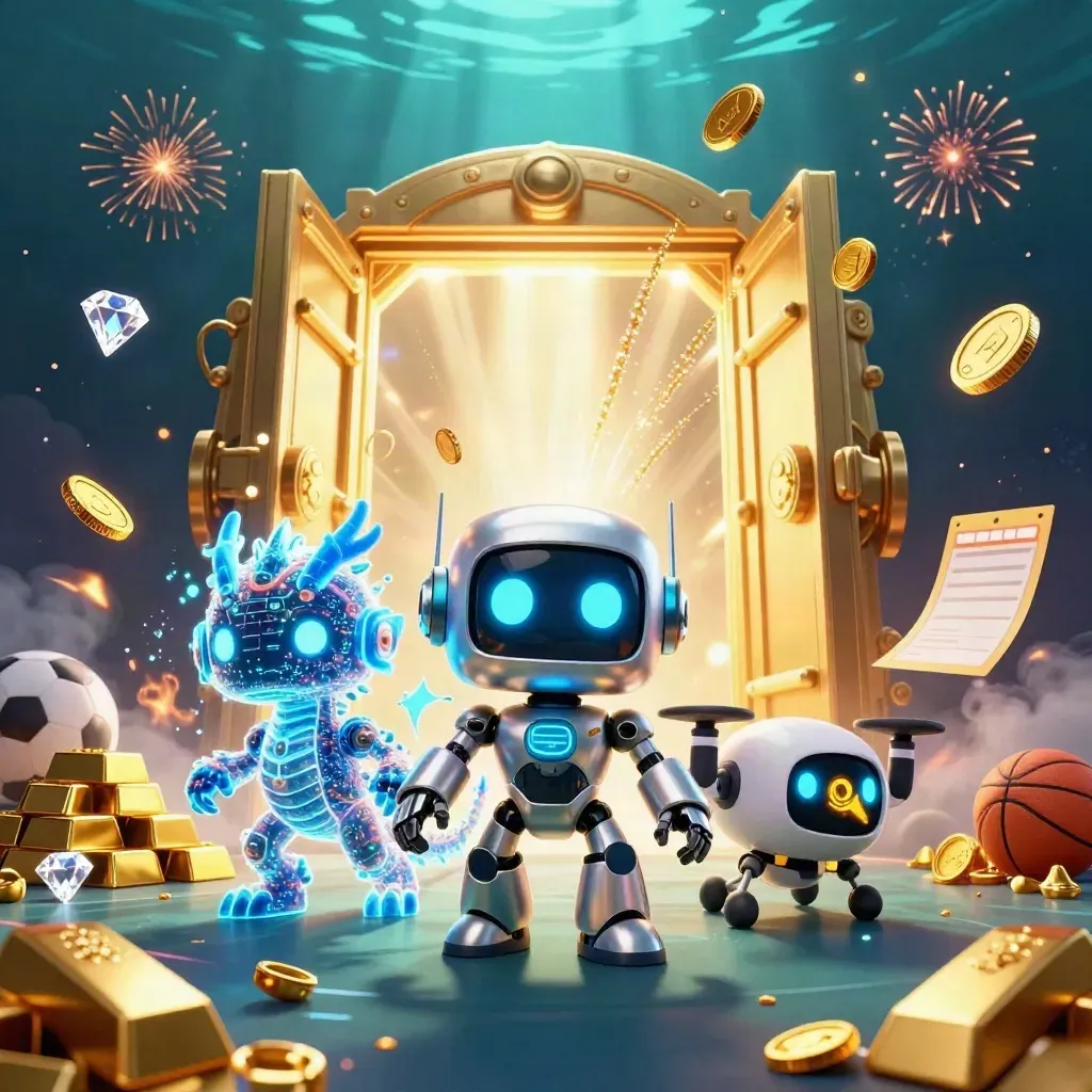 Robot mascot, holographic dragon, and drone burst from a vault amid gold, gems, and sports props.
