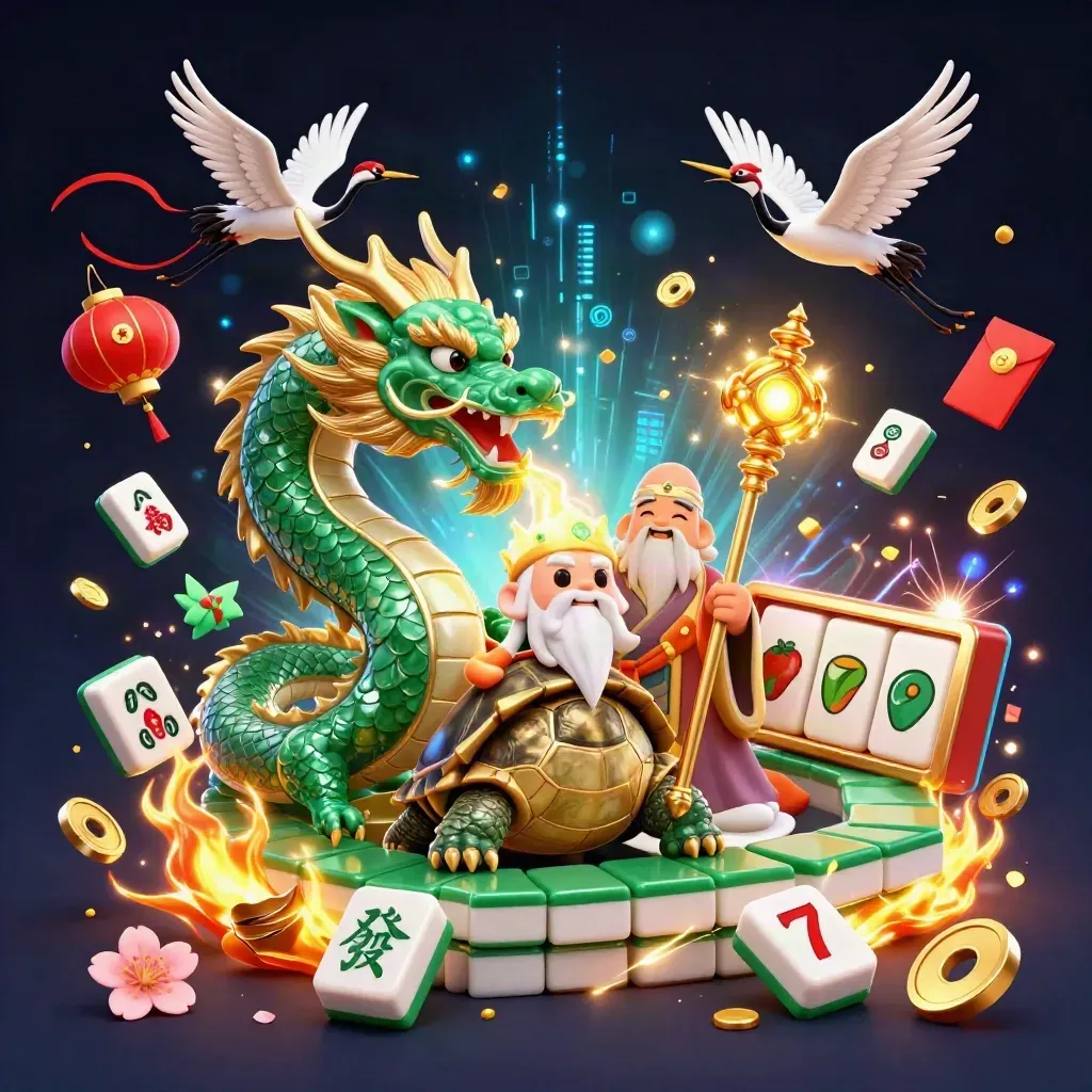 Emerald dragon, turtle sage, and cranes amid casino symbols on a dark luxe background.