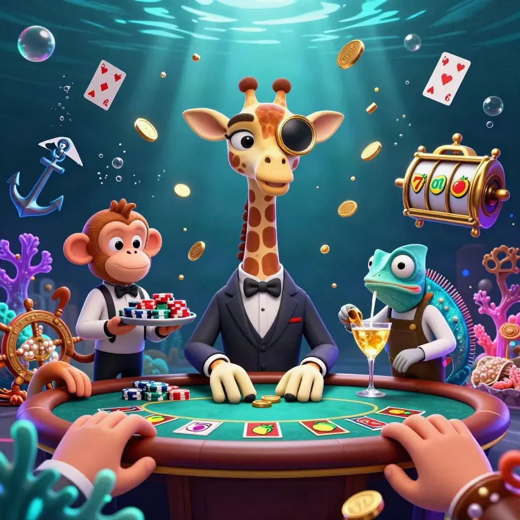 Suit-clad giraffe, monkey valet, and chameleon bartender in a glowing underwater casino scene.