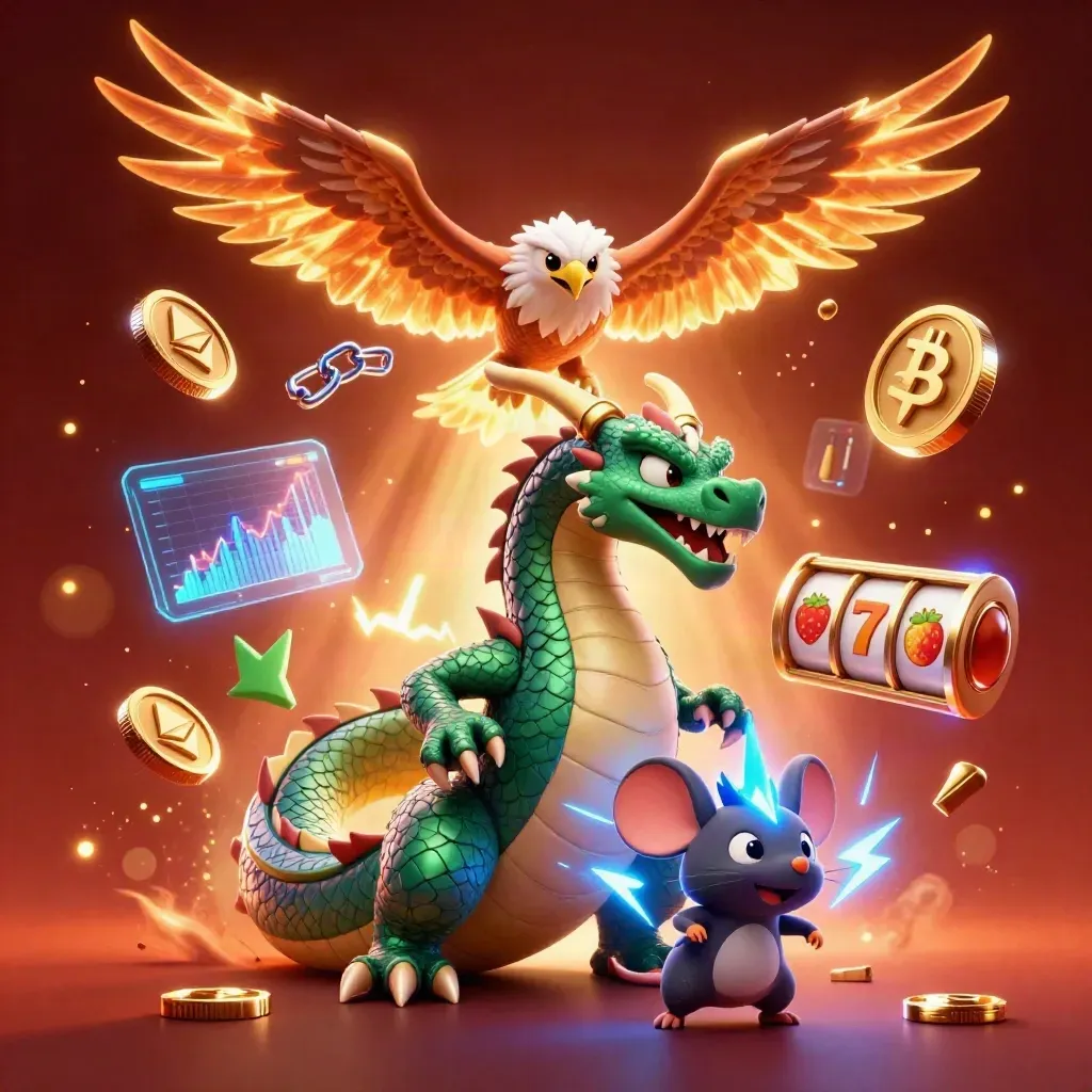 Thunder dragon, wind hawk, and mouse amid casino coins, lightning, reels, and glowing embers.