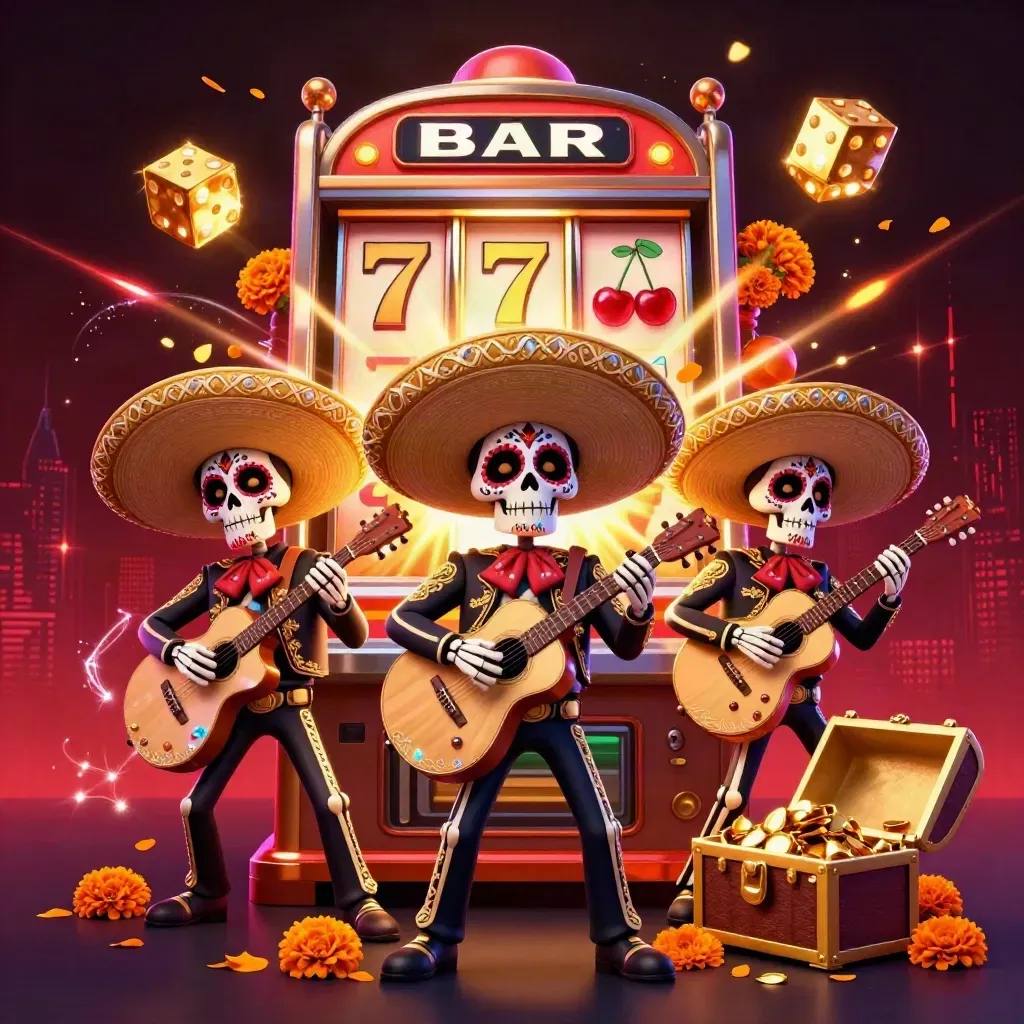 Skeleton mariachi trio amid slot burst, gold dice, treasure chest, and neon casino energy.