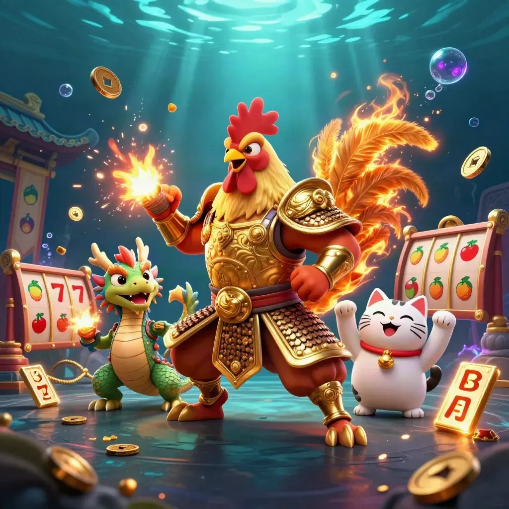 Rooster warrior, dragon hatchling, and cheering fortune cat amid casino reels underwater