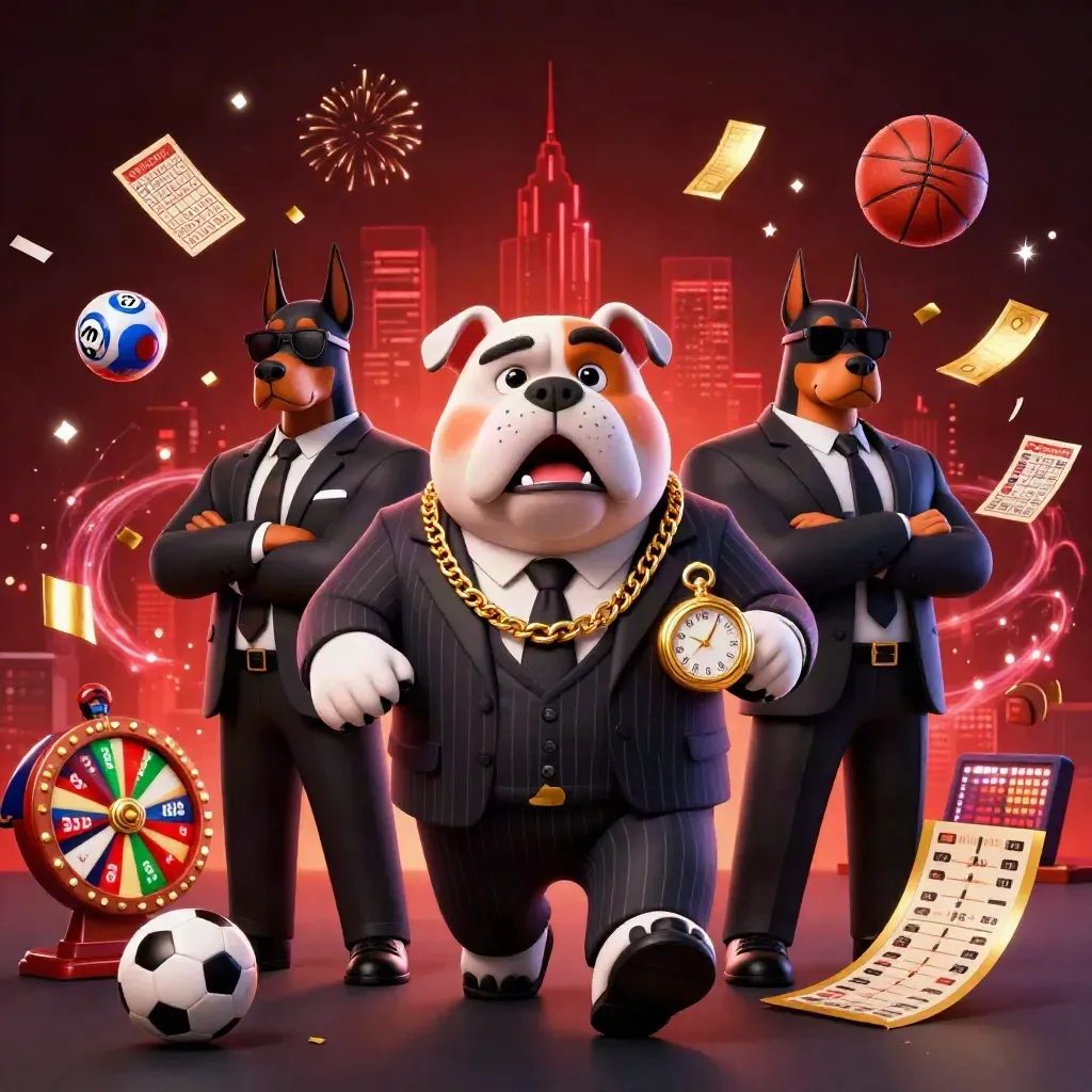 Bulldog boss and Doberman guards amid casino lights, prize wheel, lottery balls, and gold confetti.