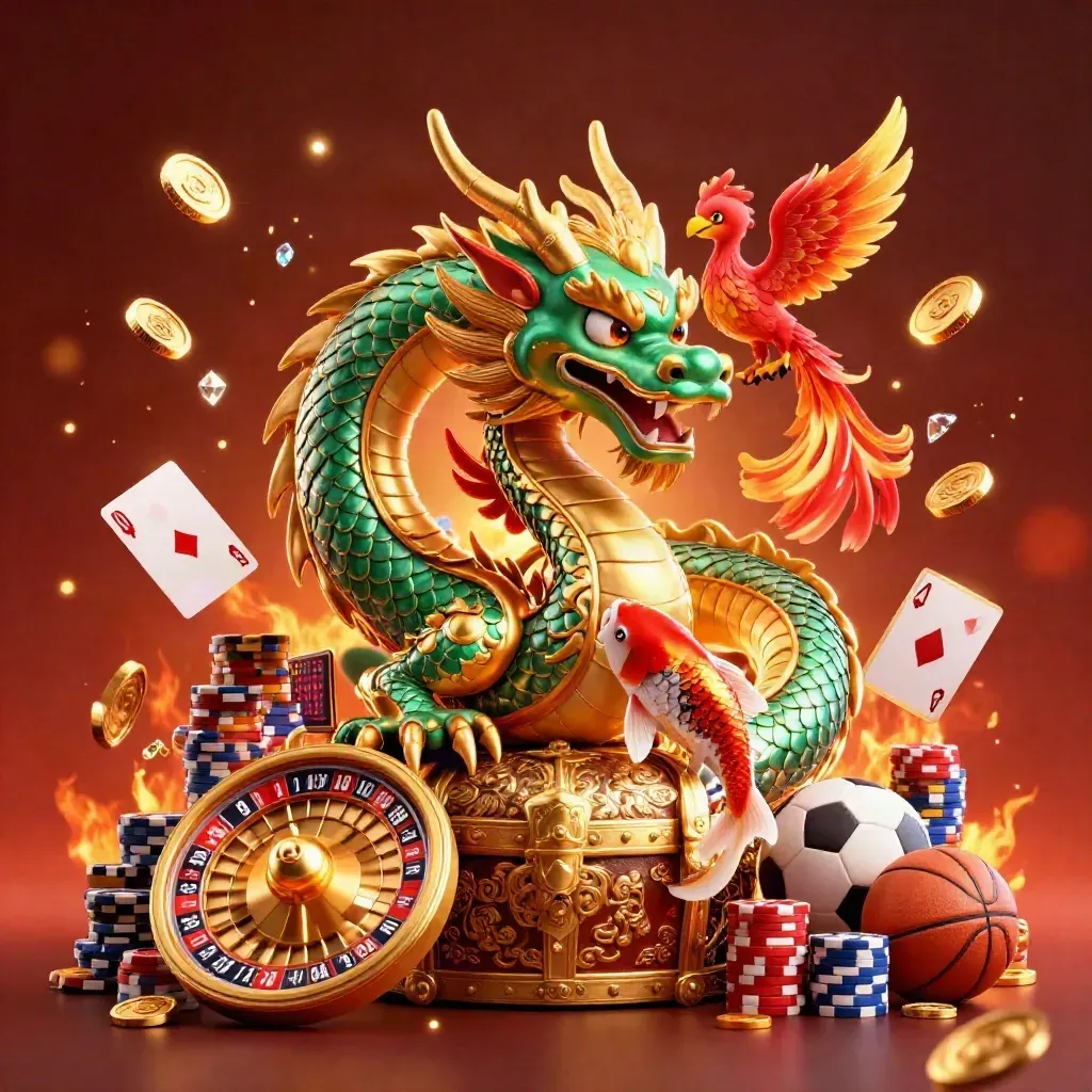 Golden dragon, phoenix, koi, coins, chips, cards, roulette wheel, and sports props in a luxe casino burst.