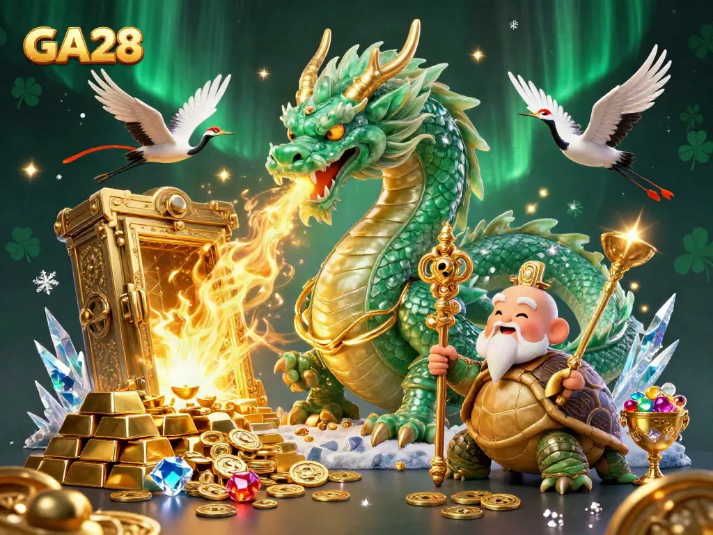 Engage with the mystical world of GA28, featuring a jade dragon and treasures of gaming.