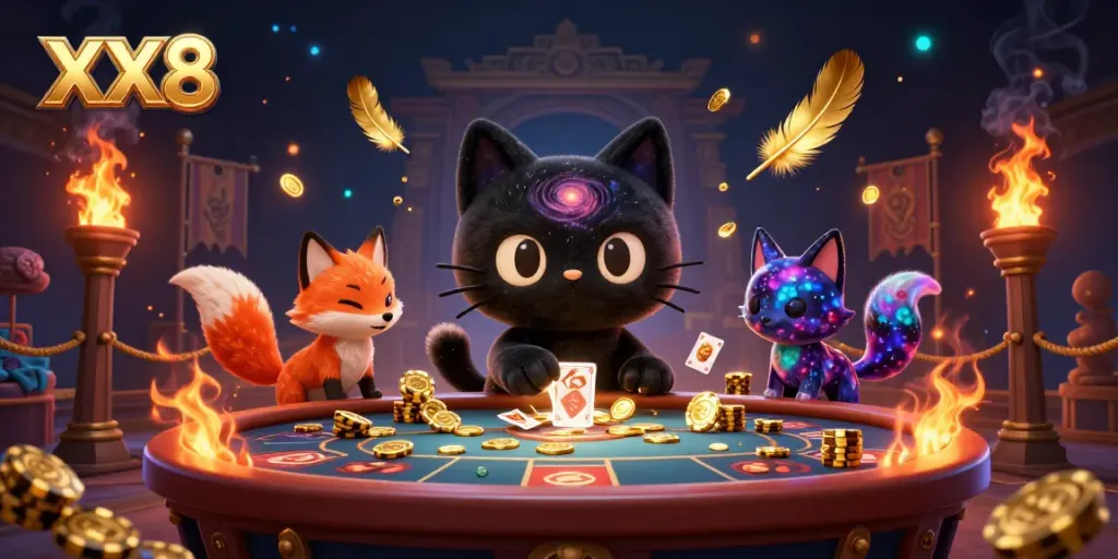 Experience the enchanting allure of XX8's cosmic casino with captivating characters and vibrant game elements.