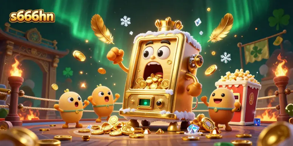 Spin and win with s666hn on a vibrant casino-themed illustration featuring a golden slot machine.