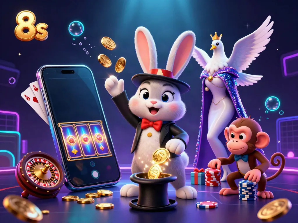 Celebrate with 8s as a magician rabbit conjures coins in a vibrant casino scene filled with excitement.