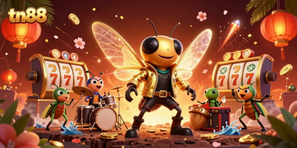Experience thrilling casino action with tn88, featuring a dynamic rock star cicada and vibrant gaming elements.