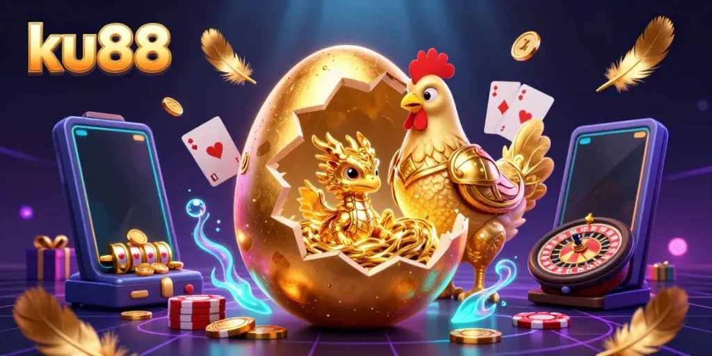 Experience thrilling gaming with ku88's dazzling golden dragon amid poker chips and vibrant slot games.