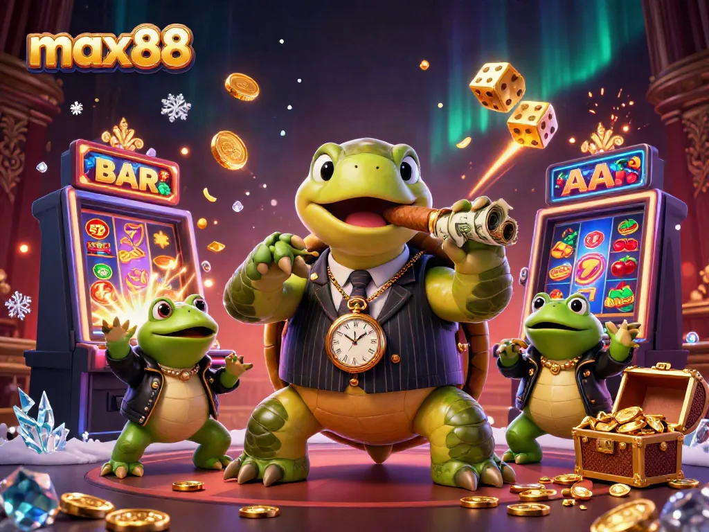 Experience max88's dazzling casino world with a vibrant snapping turtle mobster amidst jackpots and thrills.