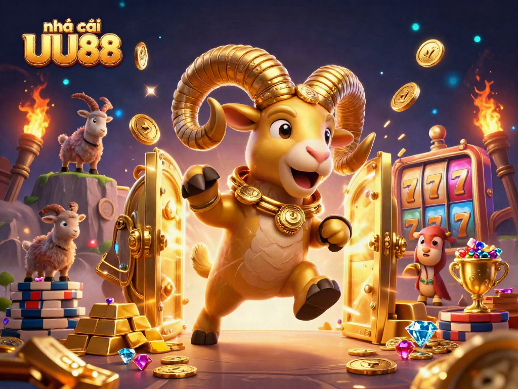 Engage with nhà cái UU88's thrilling gaming scene featuring golden treasures and vibrant slot elements.