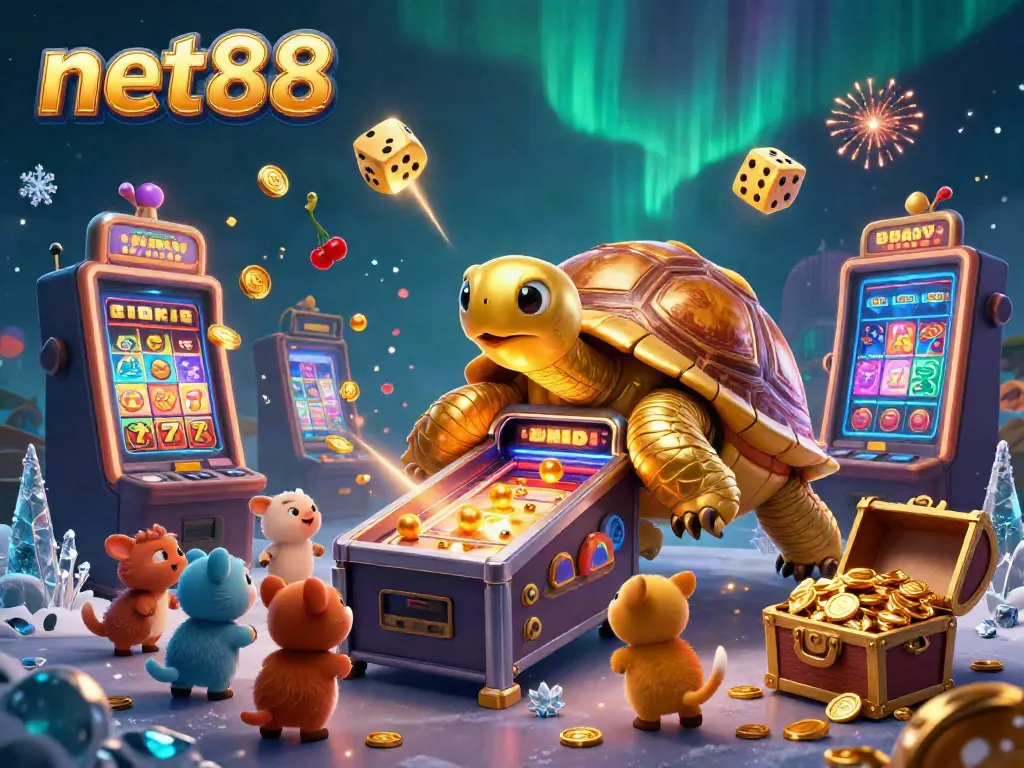 Experience the vibrant excitement of net88 at this animated casino illustration featuring playful characters and dazzling game dynamics.
