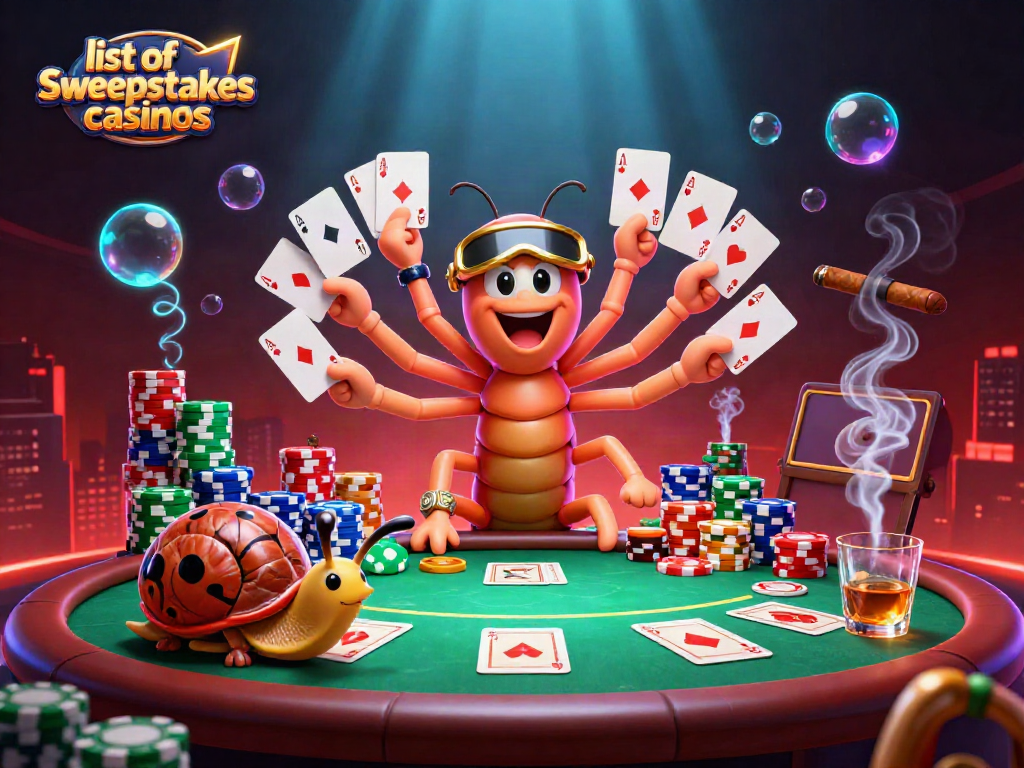 Experience thrilling gameplay with a vibrant list of sweepstakes casinos showcasing unique casino characters.