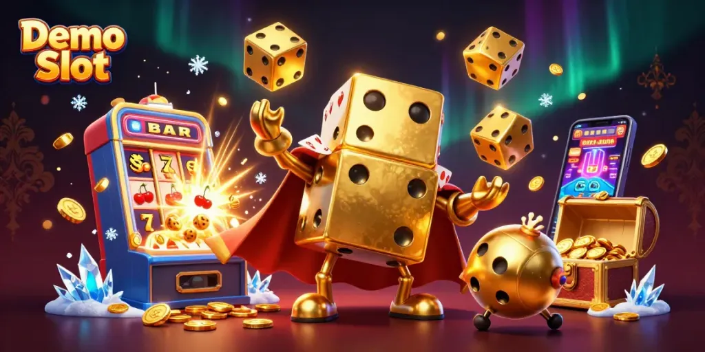 Engage with the Demo Slot scene featuring a golden dice golem and dynamic casino elements.