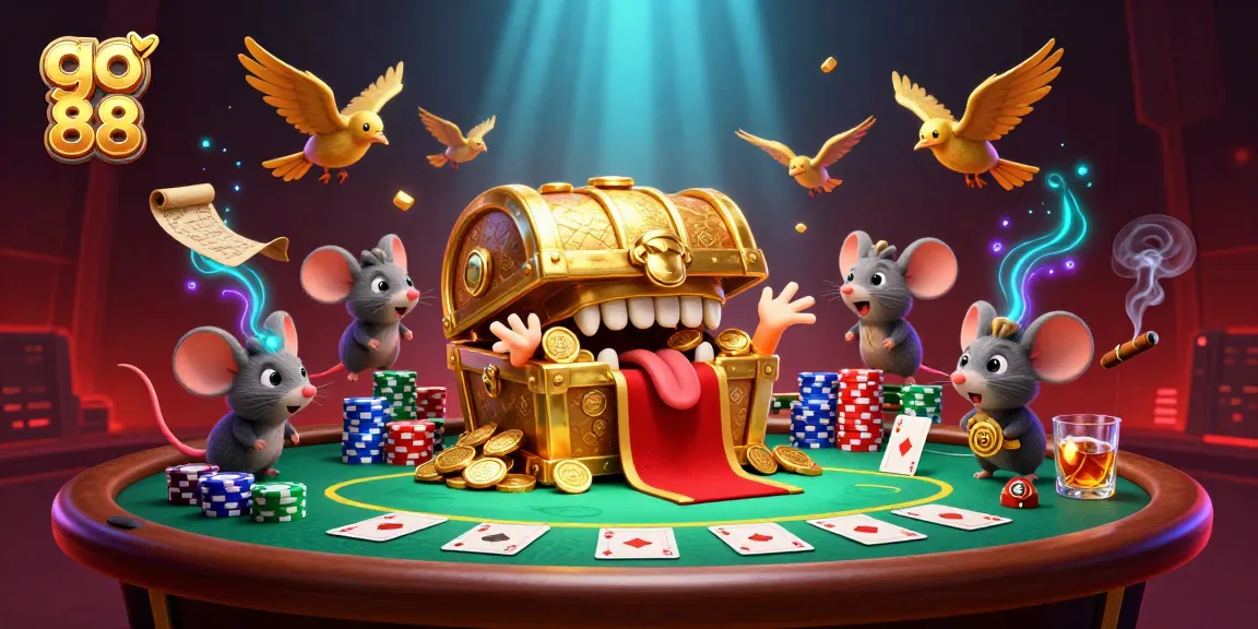 Engage in exhilarating action with go 88, featuring a treasure chest and poker games in a vibrant scene.
