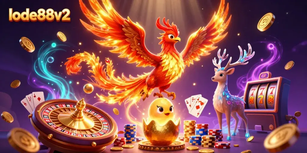 Engage with lode88v2's dazzling games featuring a phoenix, gems, and dynamic casino elements.