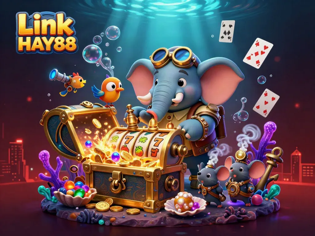 Operate the golden slot machine in Link HAY88's vibrant steampunk carnival scene filled with treasures.