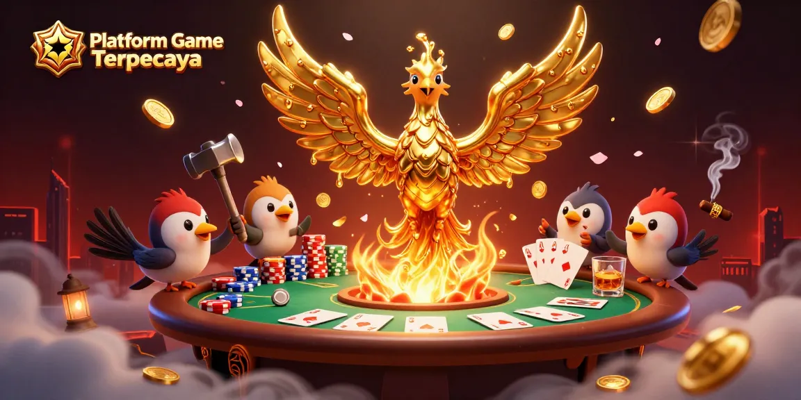 Platform Game Terpercaya features a molten metal phoenix with poker chips and cards, creating casino excitement.