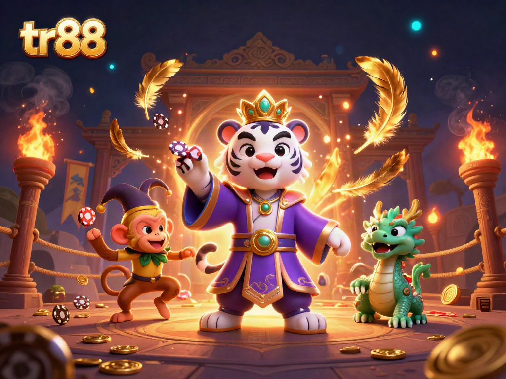 Experience the thrill of tr88 with a vibrant casino illustration featuring a playful golden monkey and jade dragon.
