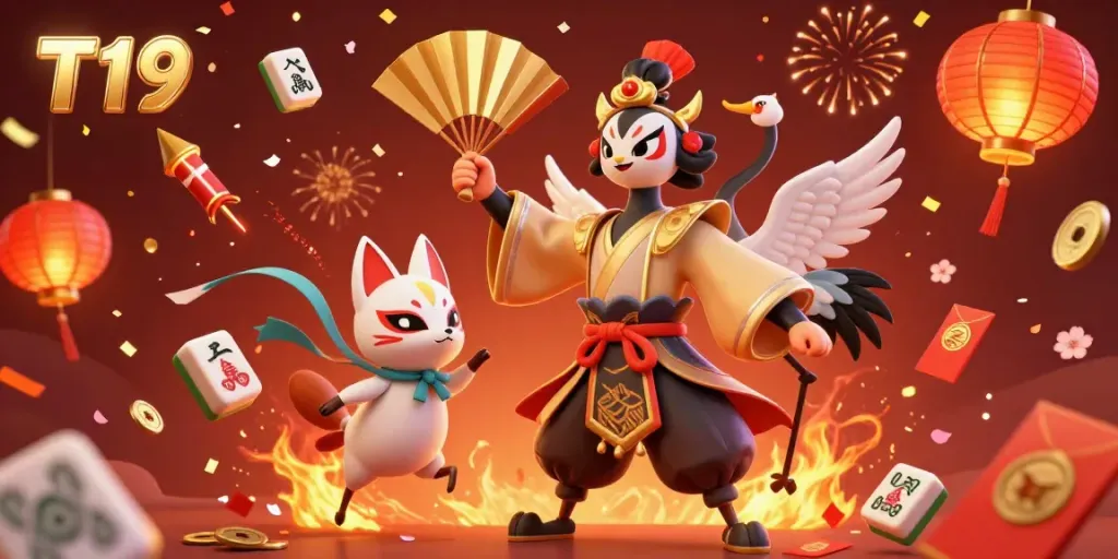 T19 captivates players with festive gaming visuals featuring vibrant characters and casino symbols.