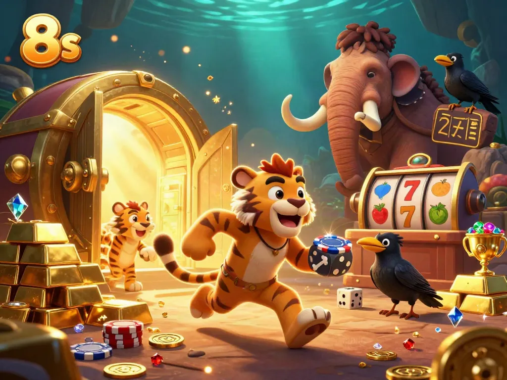 Experience thrilling wins at 8s with a lively prehistoric casino scene showcasing vibrant gambling elements.