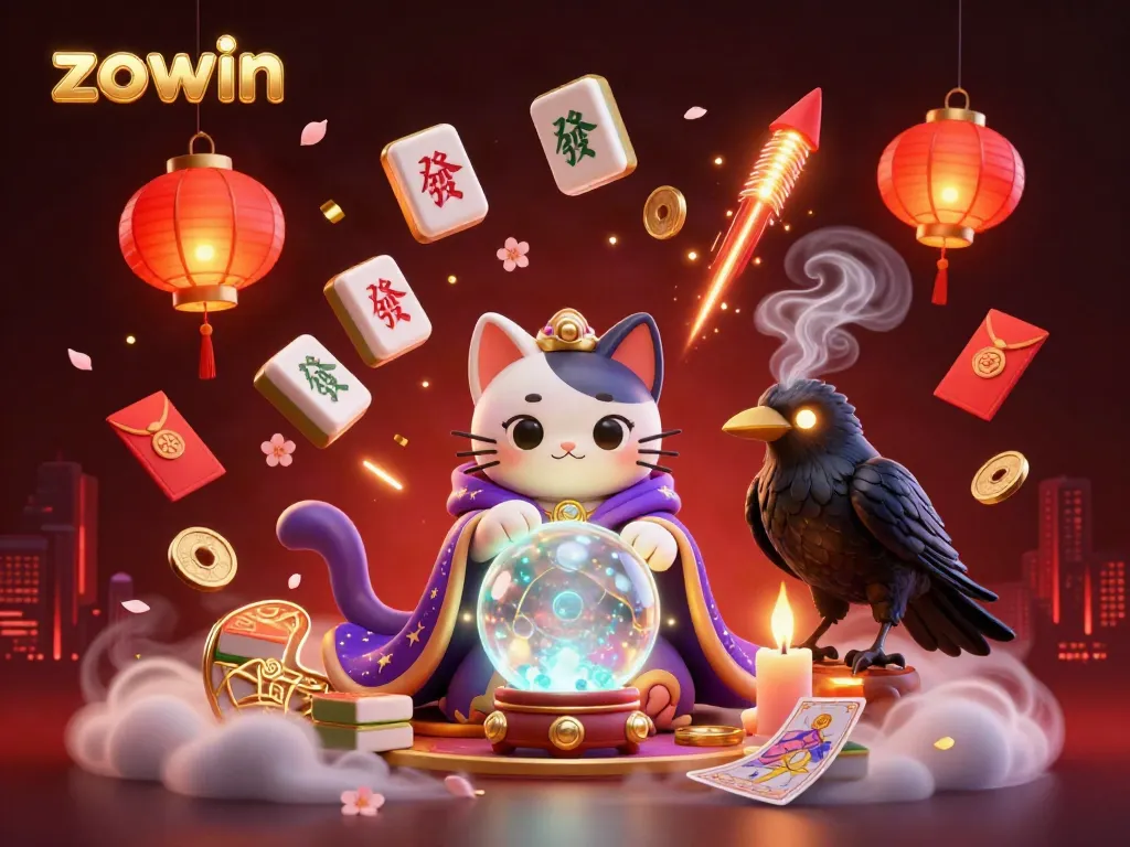 Experience thrilling gameplay and festive surprises at zowin, featuring a mystical cat, raven, and dynamic casino elements.